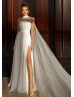 Halter Ivory Chiffon Tulle Slit Wedding Dress